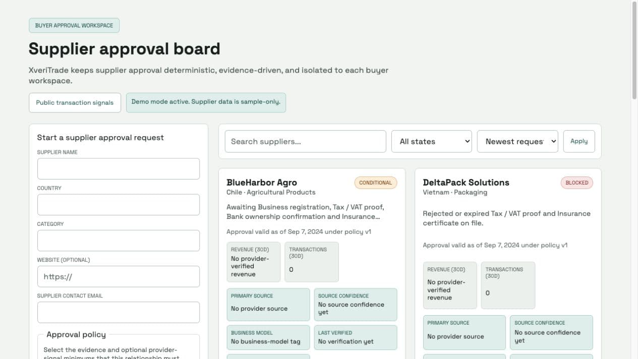 Synthetic XveriTrade buyer workspace showing supplier approval states and onboarding controls