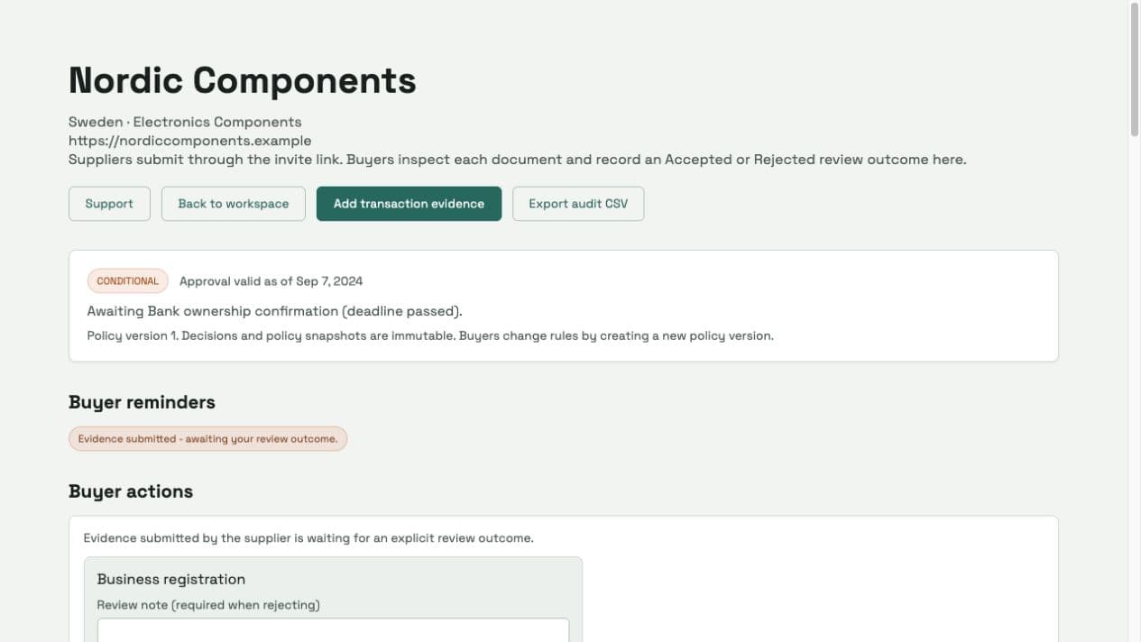 Synthetic evidence-review screen with a submission awaiting an explicit buyer outcome